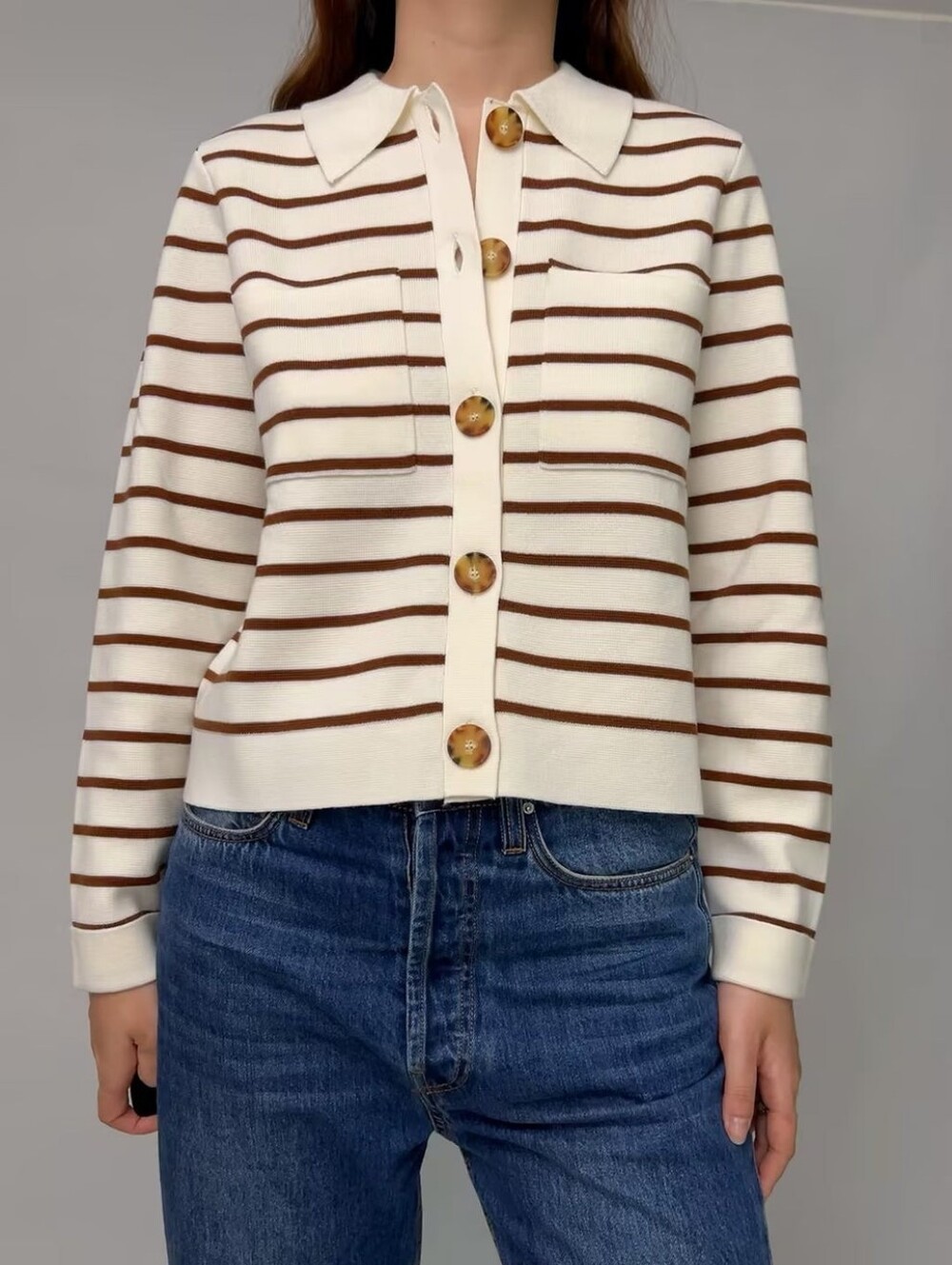 Sézane Betty Cardigan in the Ecru/Camel colorway